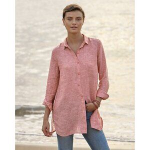 Garnett Hill Easy Linen Long Sleeve Button Down Tunic in Vintage Red Chambray, S